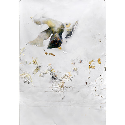 Another Place I, 2014,
62” x 42”, Mixed media, silk fabric, thread, joint compund, Gorilla glue on paper
